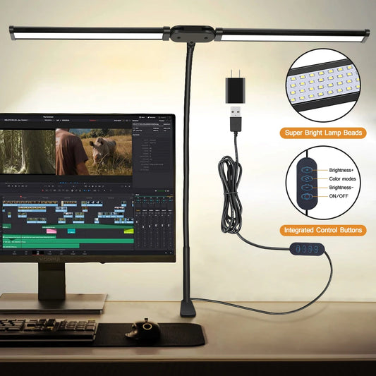 Lampe de Bureau LED à Clip – Double Tête, 3 Modes de Couleur, 10 Niveaux d'Intensité, Protection des Yeux