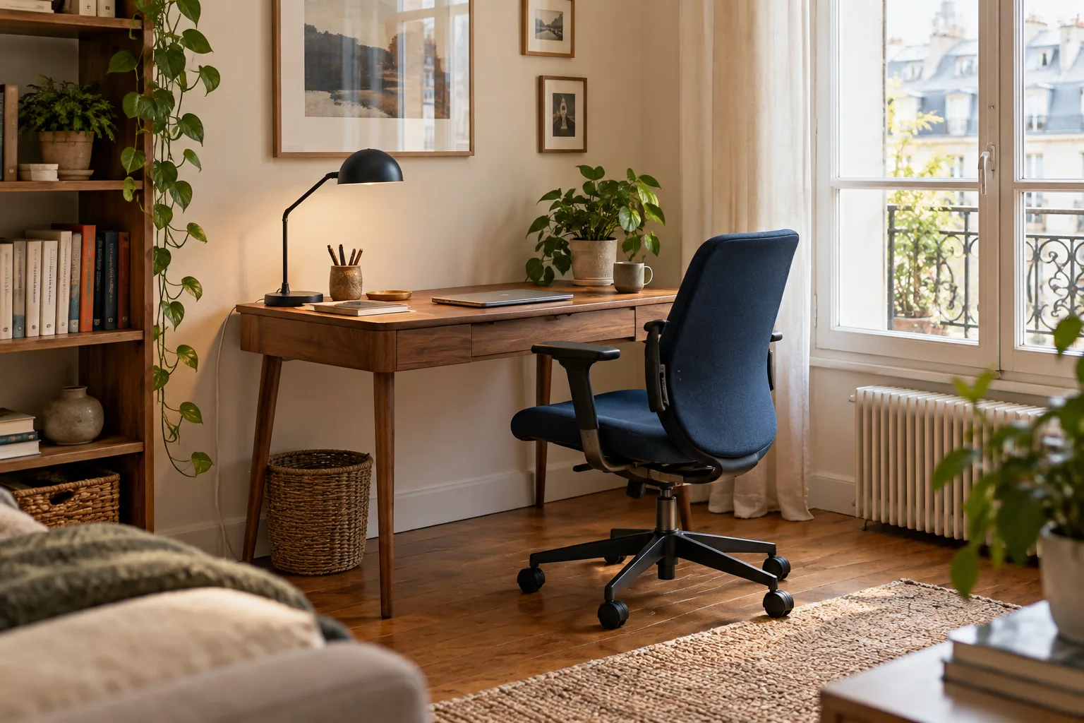 Exemple illustratif d’un bureau compact en bois près d’une fenêtre